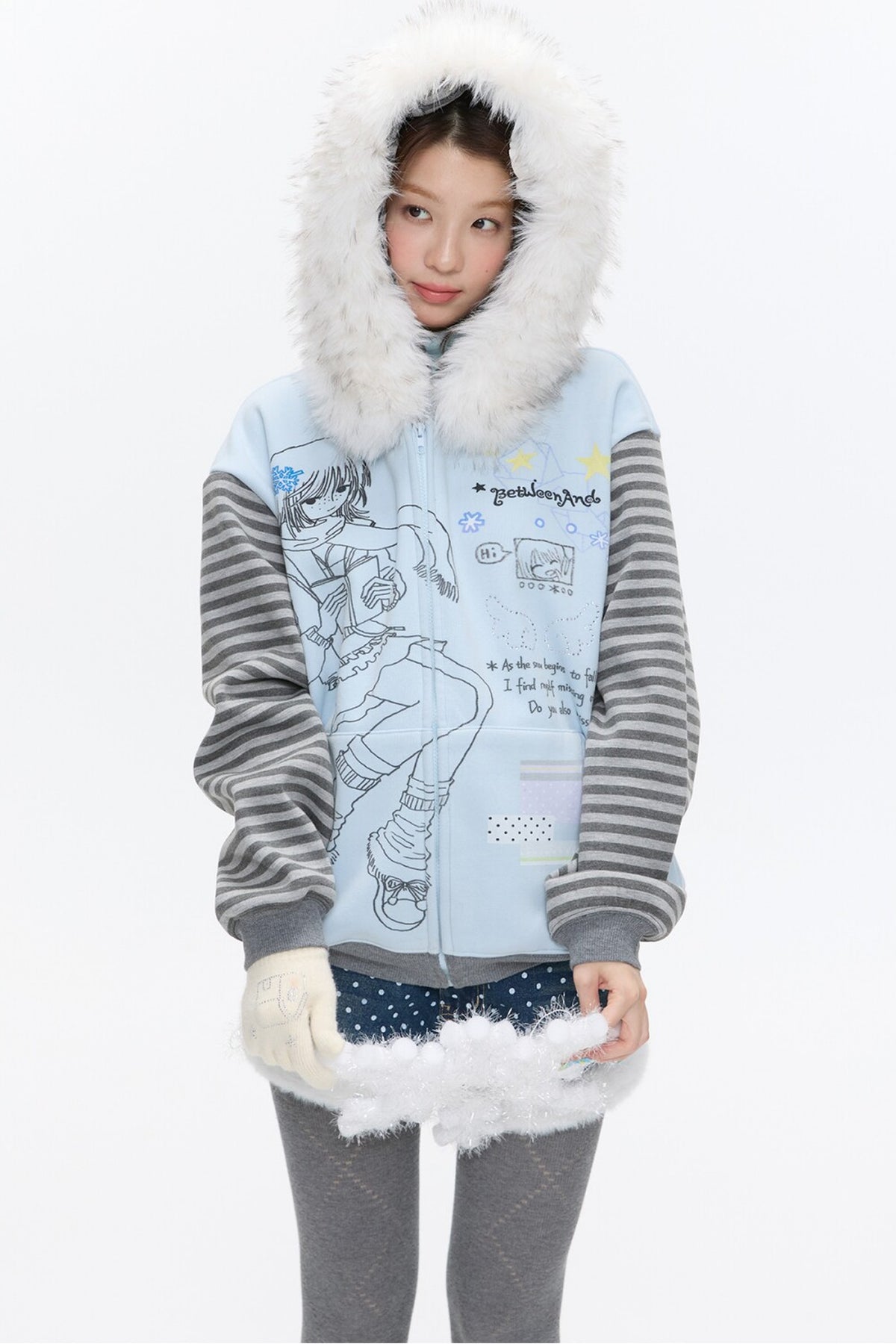 Striped Raglan Fur Collar Jacket