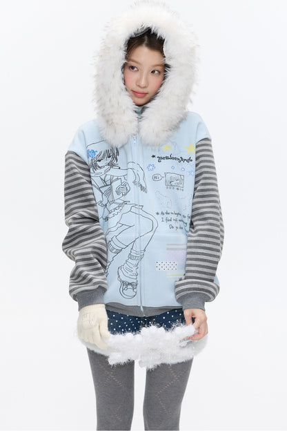 Striped Raglan Fur Collar Jacket