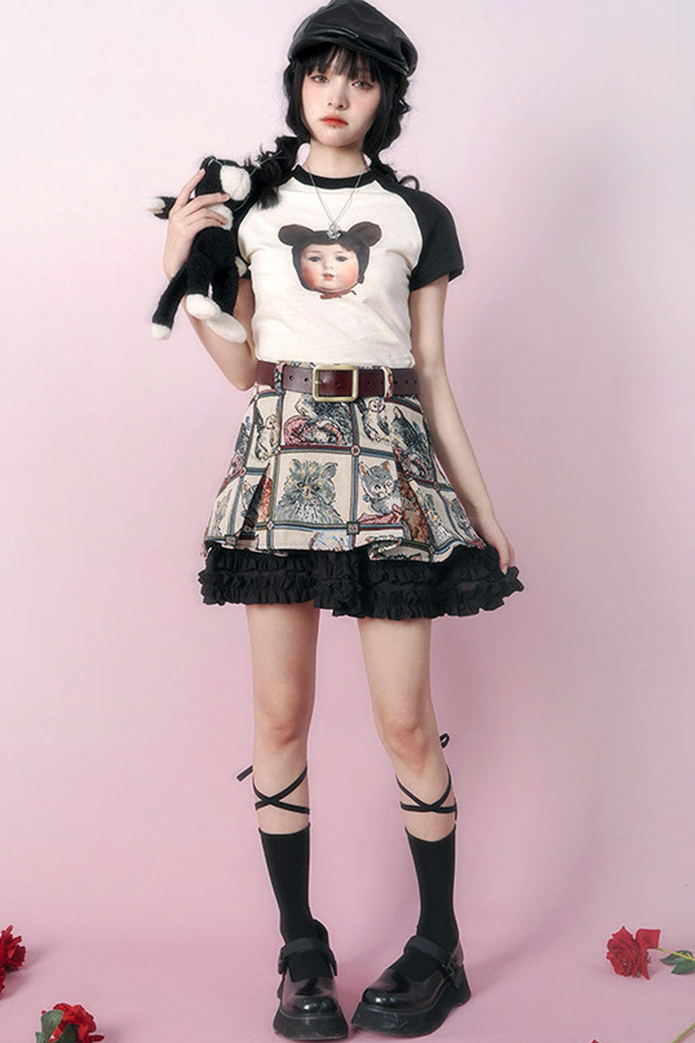 Bear Doll Print Patchwork T-shirt