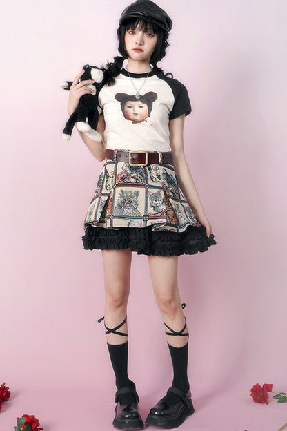 Bear Doll Print Patchwork T-shirt
