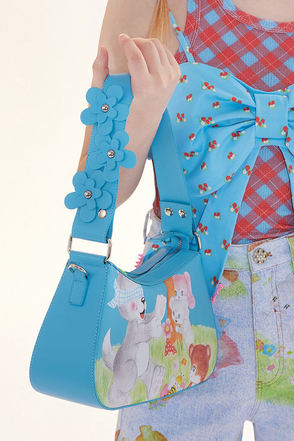 Blue Animal Illustration Flower Crossbody Bag