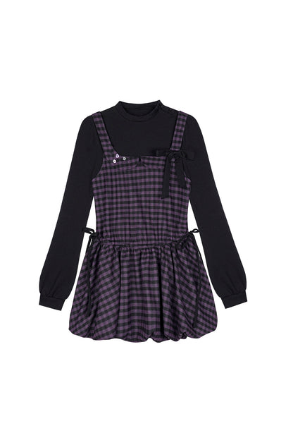 Retro Plaid Long Sleeve Flower Bud Dress