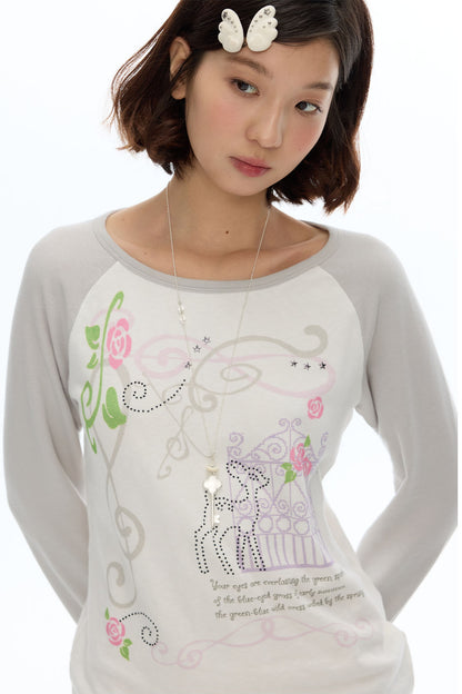 Deer Rose Print Long Sleeve Raglan Tee