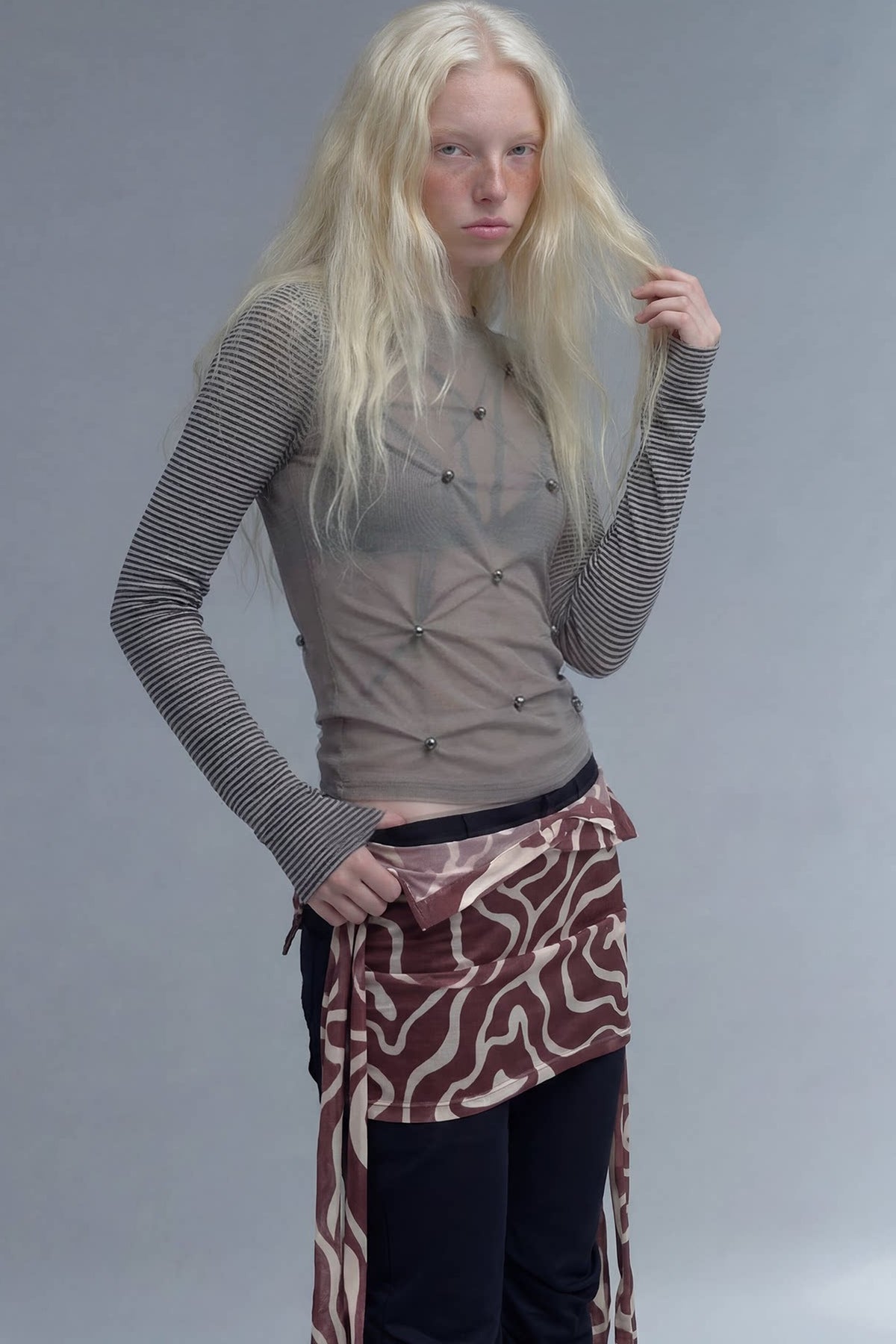 Studded Striped Long-Sleeve Sheer Mesh T-shirt