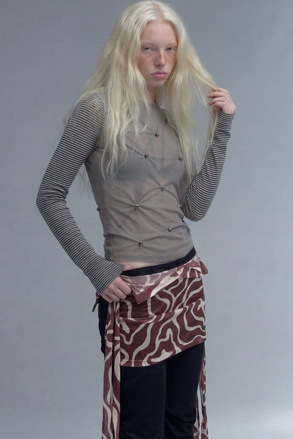 Studded Striped Long-Sleeve Sheer Mesh T-shirt