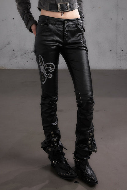 Punk Rock Embroidered Waxed Leather Pants