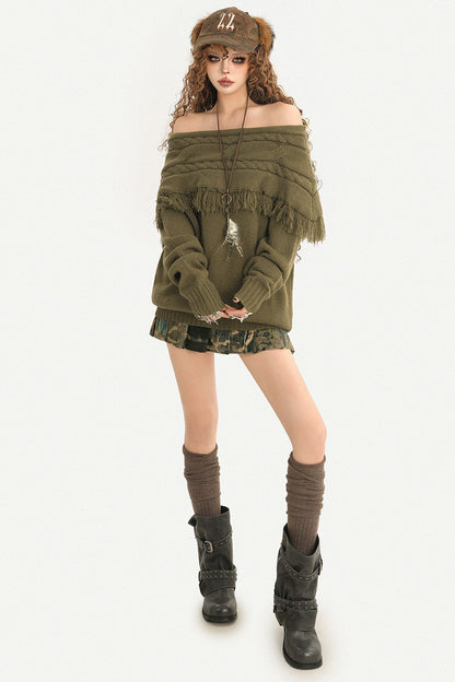 One-Shoulder Tassel Loose Knit Sweater