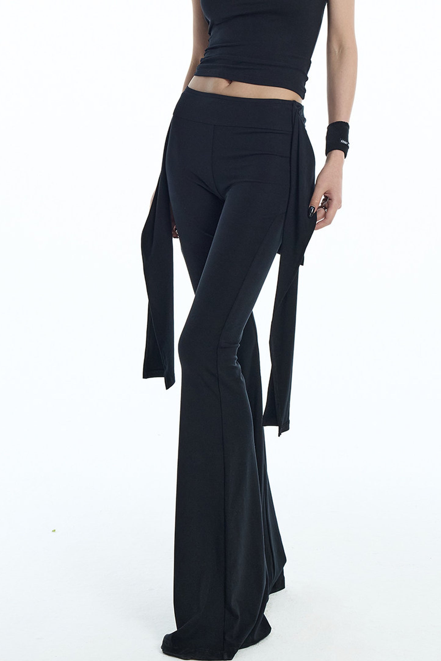 Black Mesh Halter Top And Flared Yoga Pants Set-Up