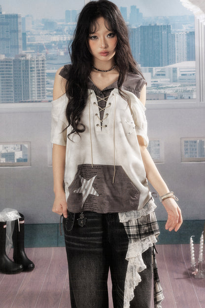 Short-Sleeved Hooded Drawstring Star Top