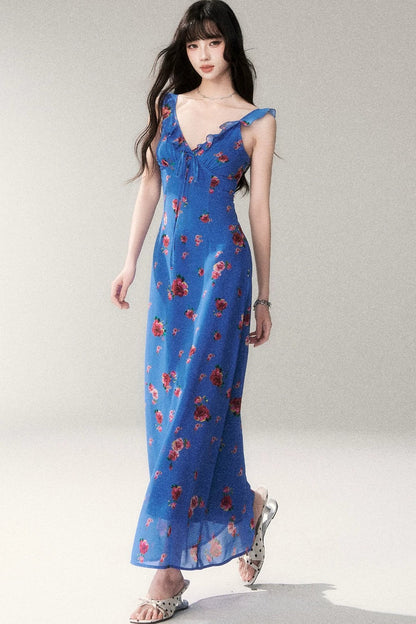 Abito estivo blu con rose