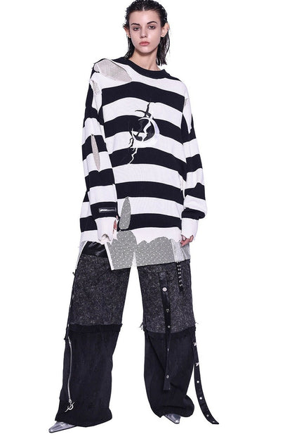 Loose Offset Embroidery Distressed Striped Sweater