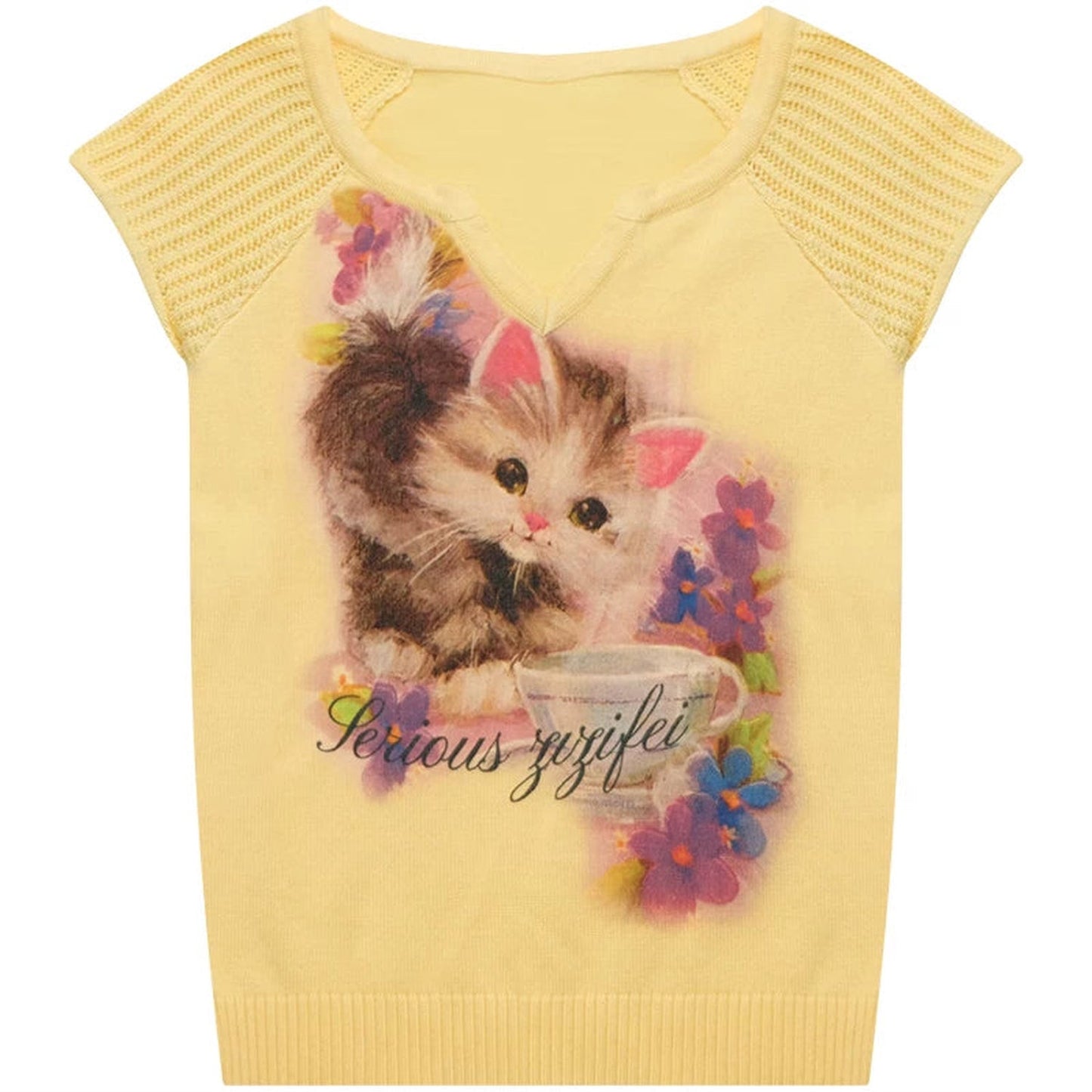 Warm Yellow Cat Print Knit T-Shirt