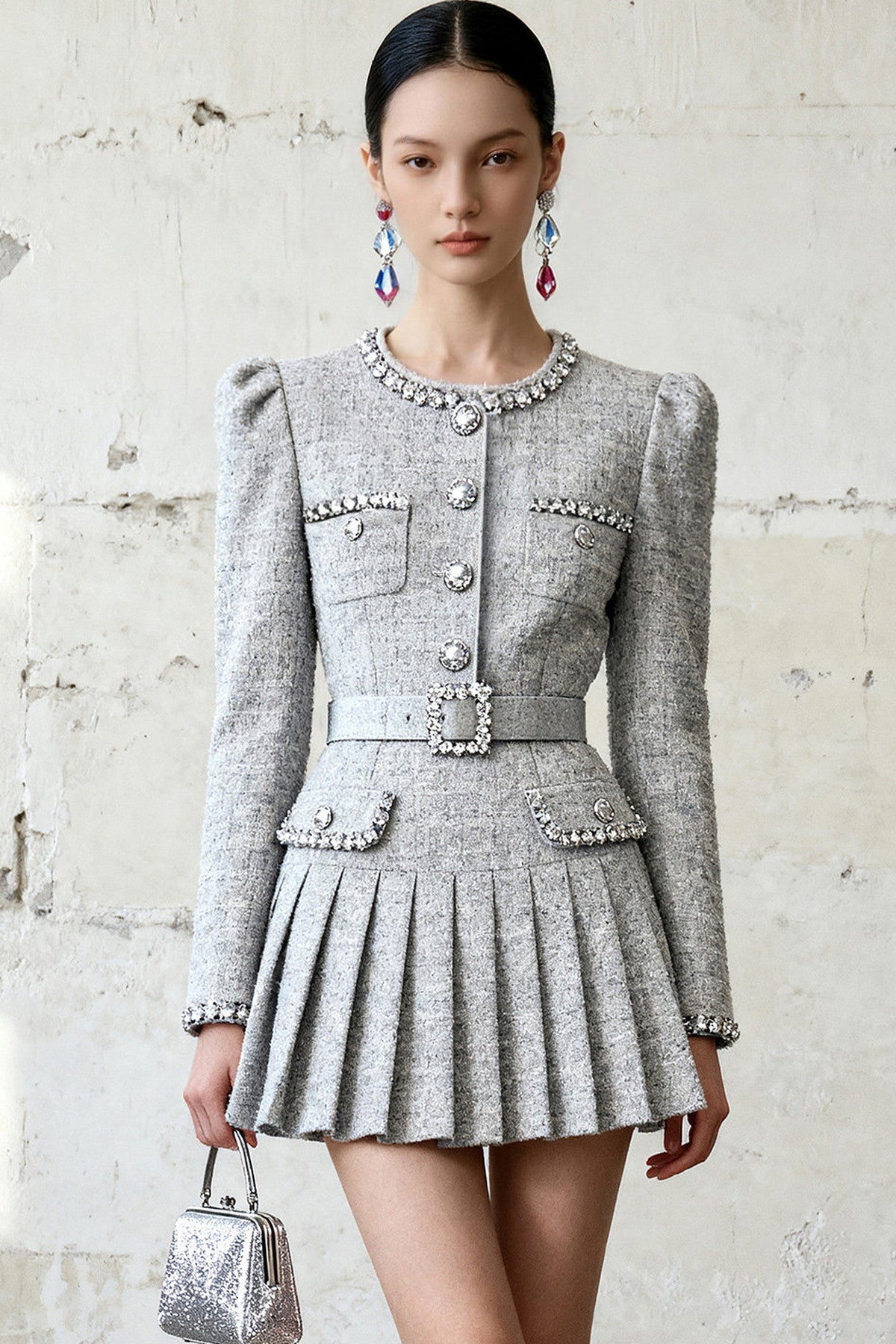 Diamond Embellished Pleated Dress