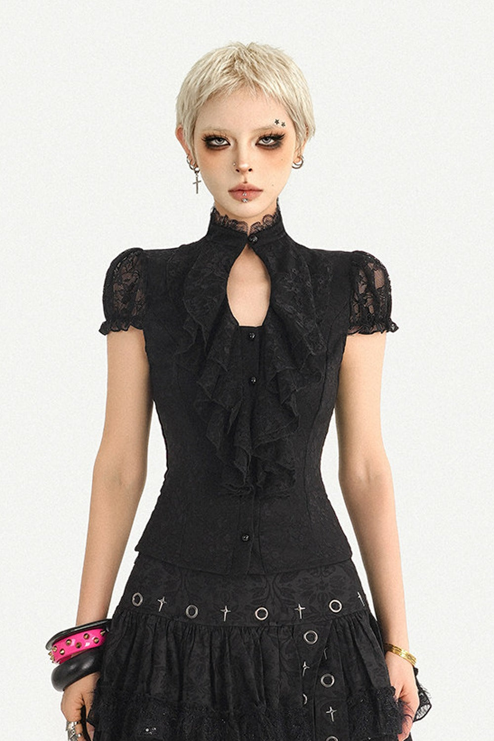 Dark Style Lace Stand Collar Top