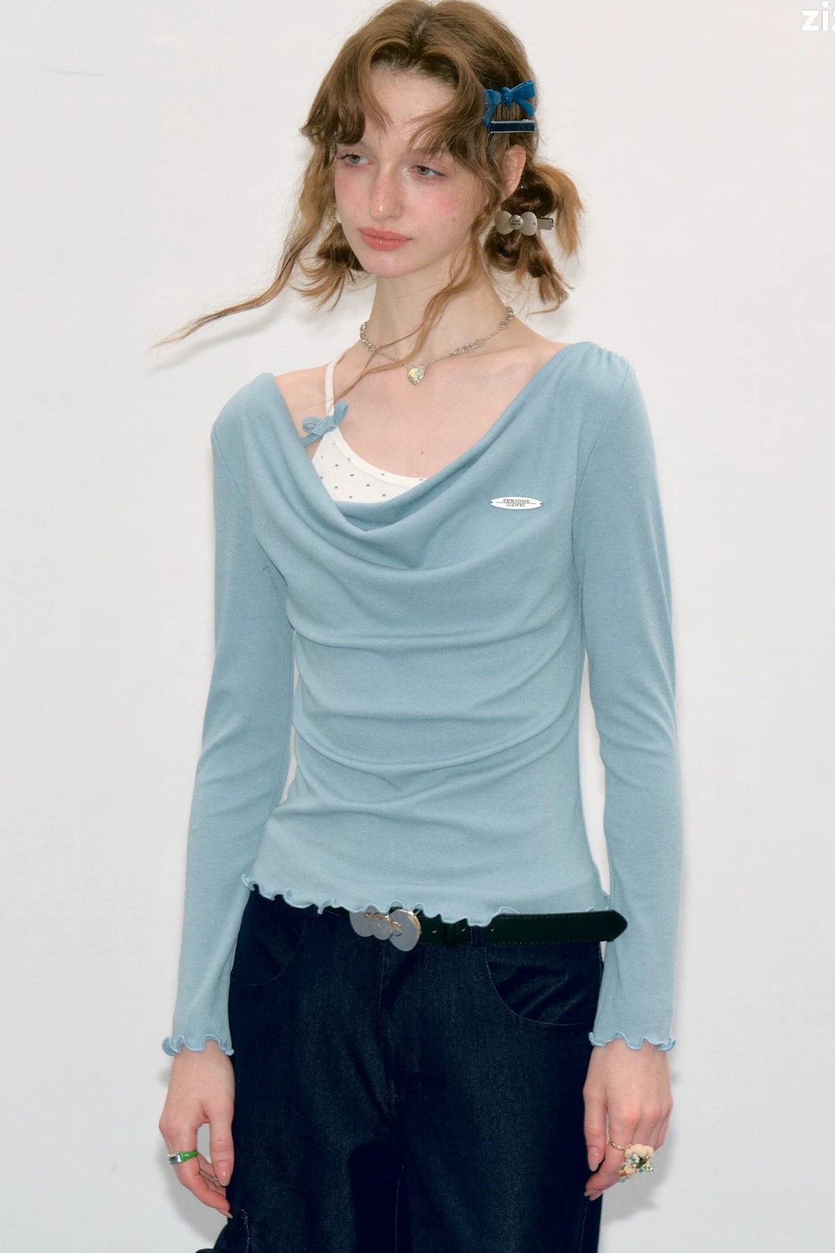 Blue Knit Flutter Collar Long Sleeve Top