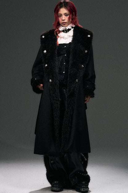 Large Fur Collar Loose Lace-Up Oversized Long Woolen Coat