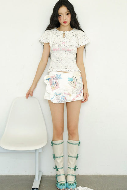 Print Ruffle Collar Top