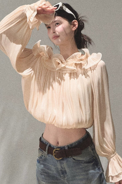 One-Shoulder Ruffle Lantern Sleeve Blouse