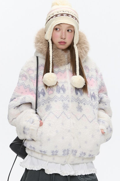 Beige Lamb Wool Fur Collar Jacket