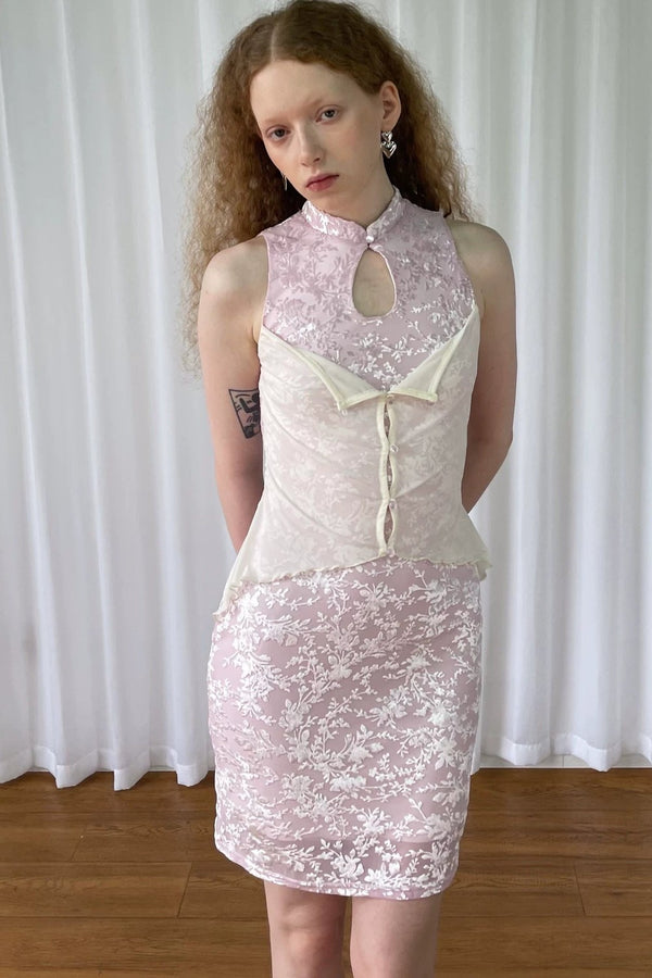 Pink Vintage Lace Cheongsam Dress