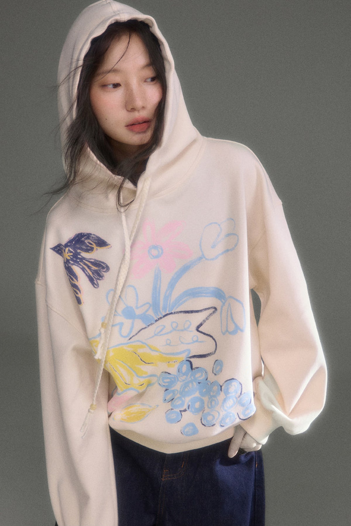Ear Detail Bird Fruit Print Sweatshirt and Skirt Set-Up