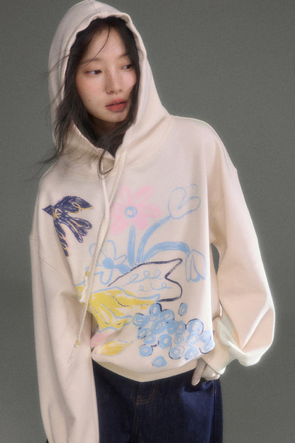 Ear Detail Bird Fruit Print Sweatshirt and Skirt Set-Up