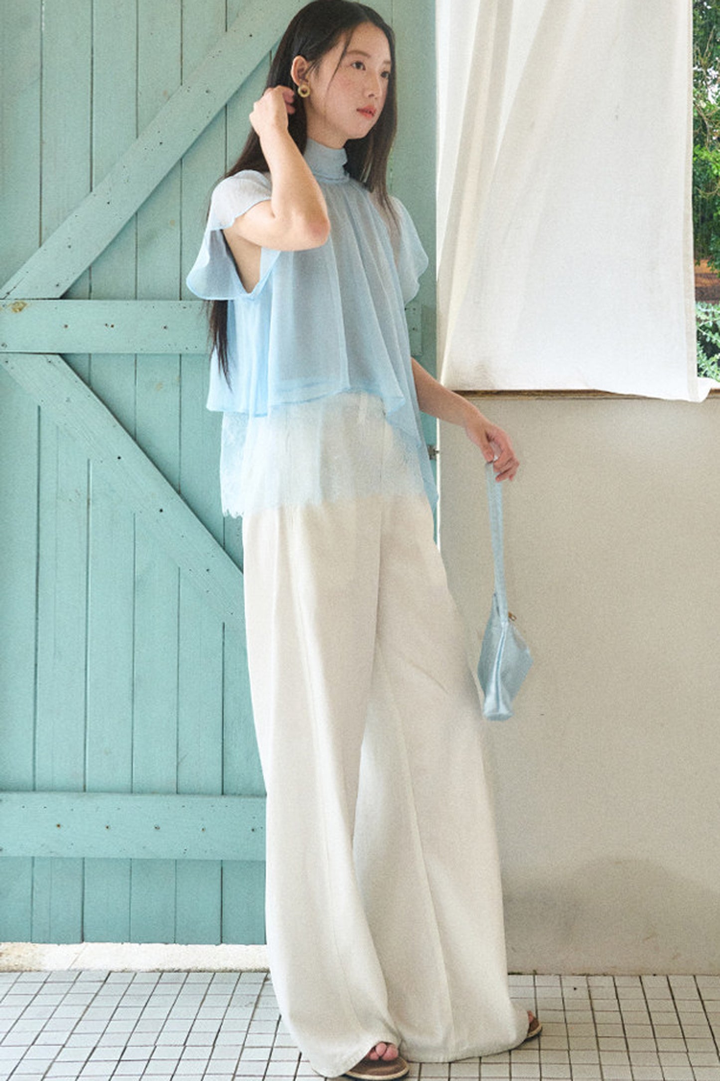 Sheer Blue Lace Ribbon Short Sleeve Top