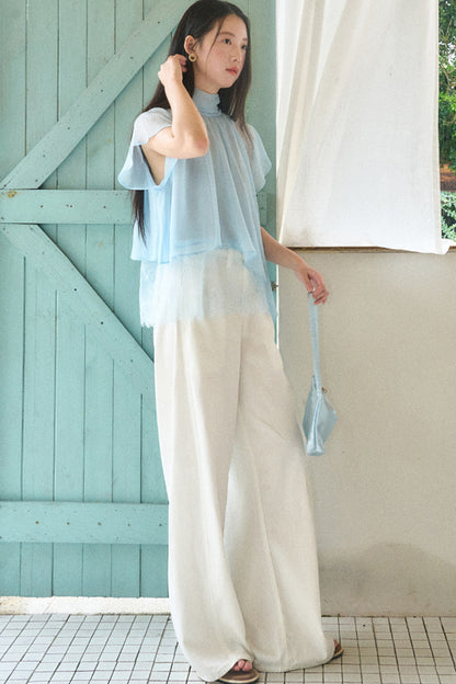 Sheer Blue Lace Ribbon Short Sleeve Top