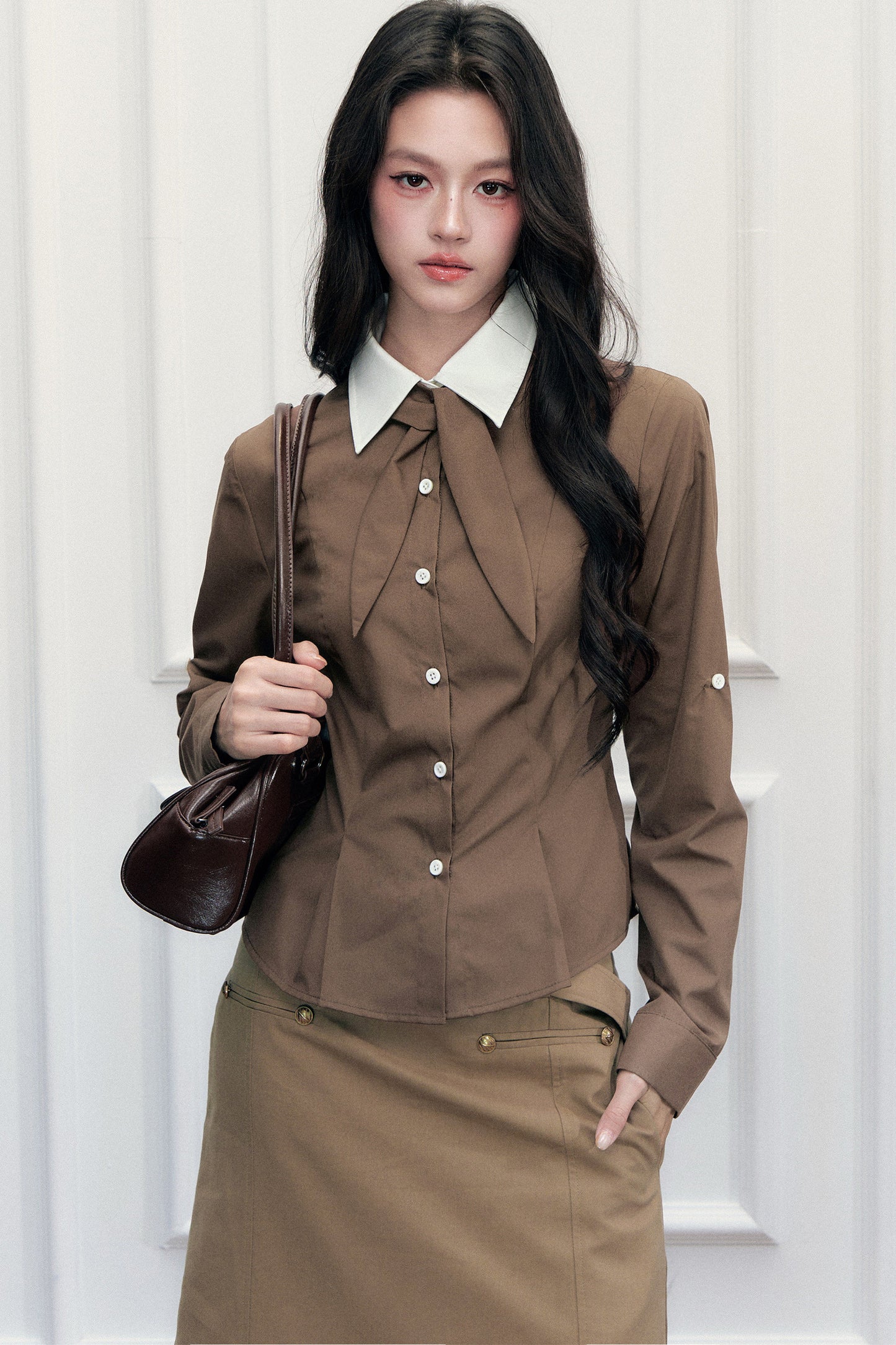 Retro Preppy Color-Blocking Shirt Vest Three-Piece Set-Up