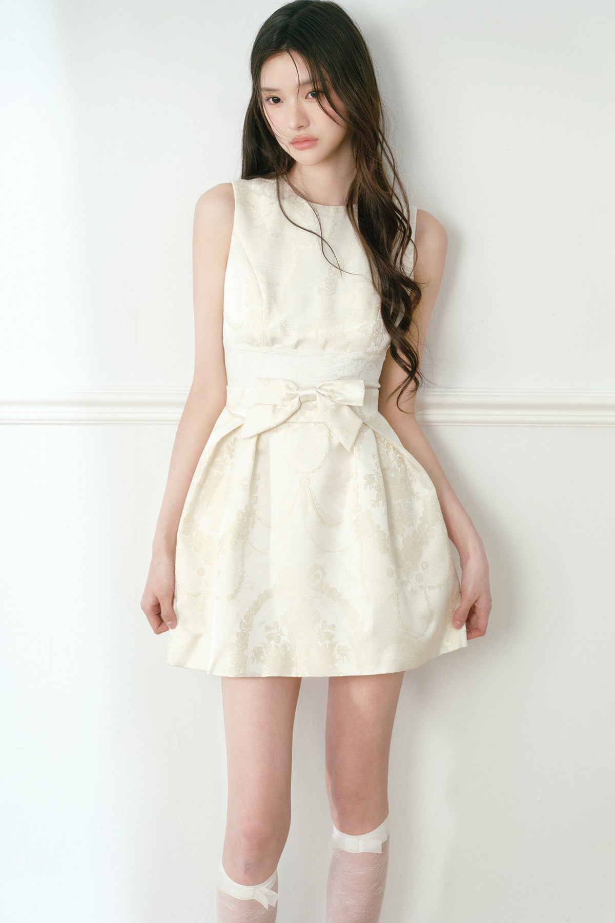 Beige Jacquard Bow Lace Waist Dress