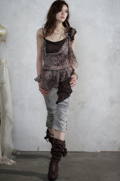 Leopard Print Layered-Look Strap Irregular Hem Dress