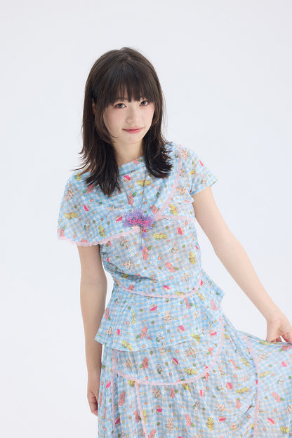 Ensemble haut en dentelle et jupe à carreaux bleus avec imprimé lapin