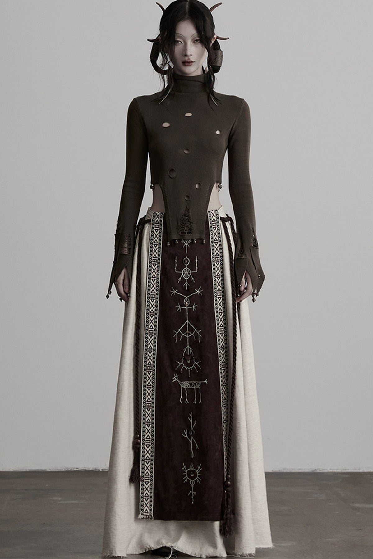 Embroidered Suede Panel Skirt