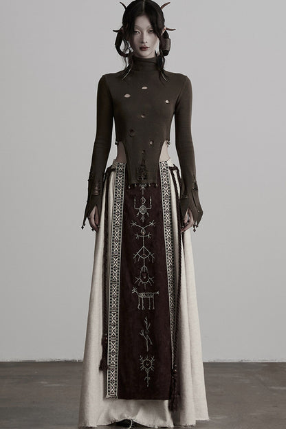 Embroidered Suede Panel Skirt