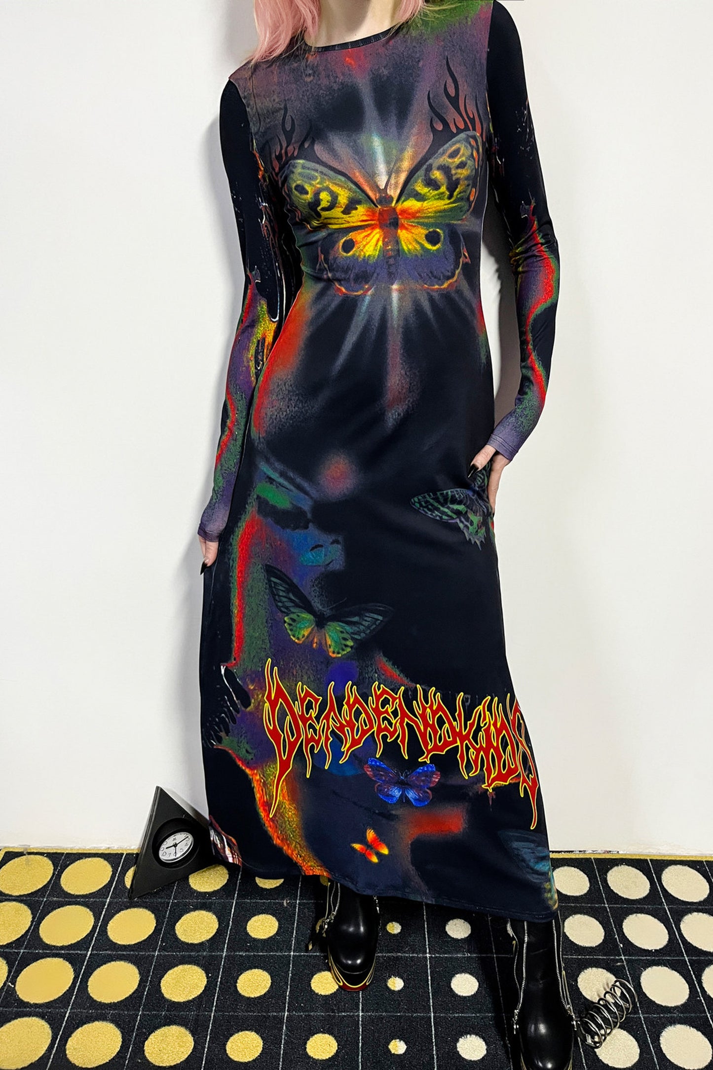 Butterfly Print Flame Long-Sleeved Dress