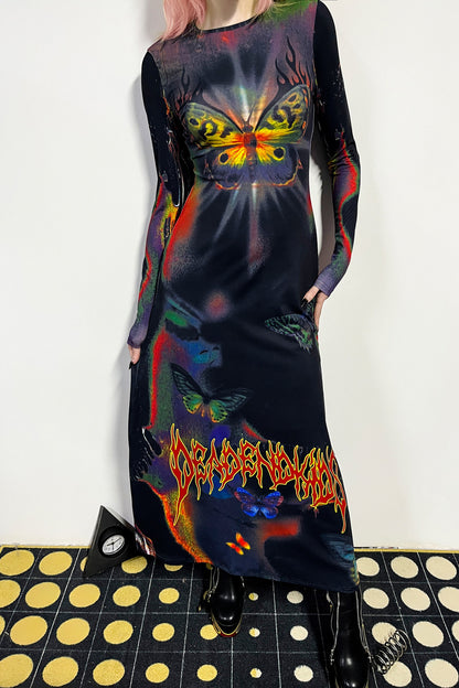 Butterfly Print Flame Long-Sleeved Dress