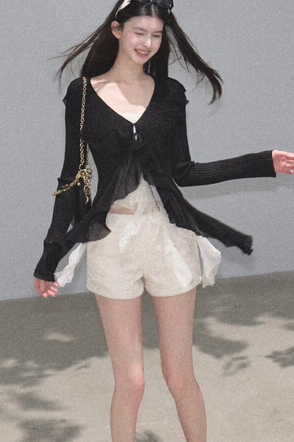 Shimmer V-Neck Long-Sleeve Cardigan Top