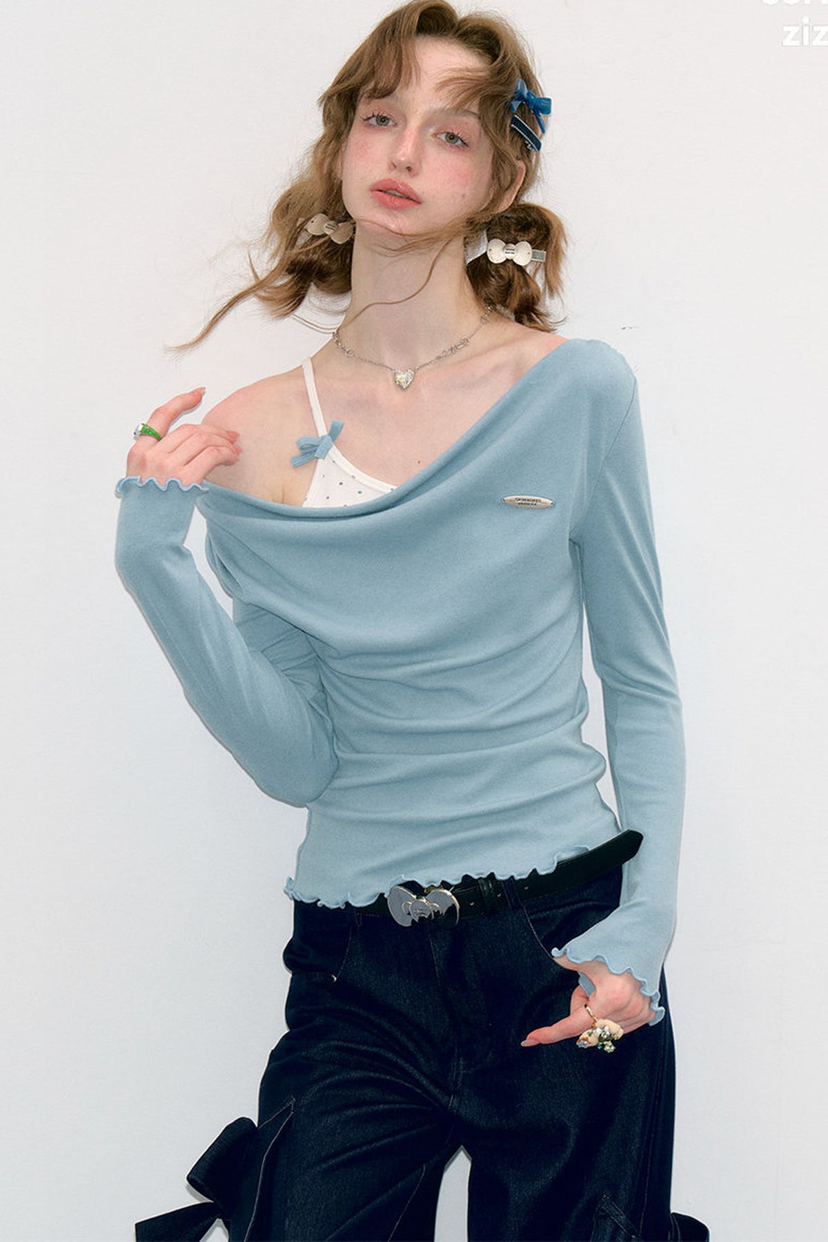 Blue Knit Flutter Collar Long Sleeve Top