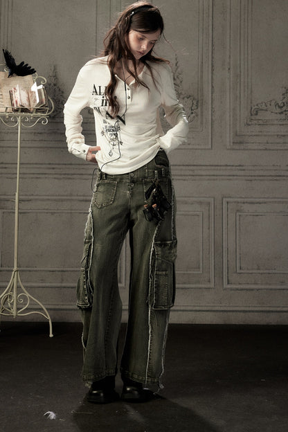 Beige Printed Long-Sleeved T-Shirt