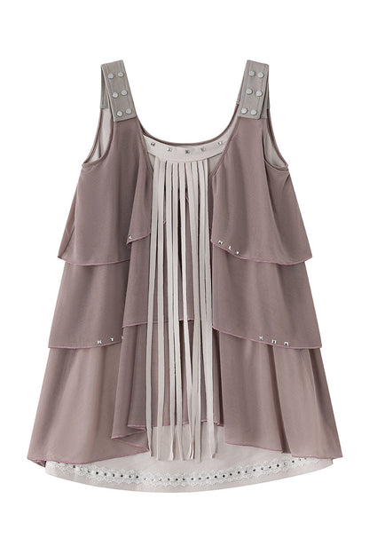 Ruffled Rivet Tassel Cake Camisole Dress