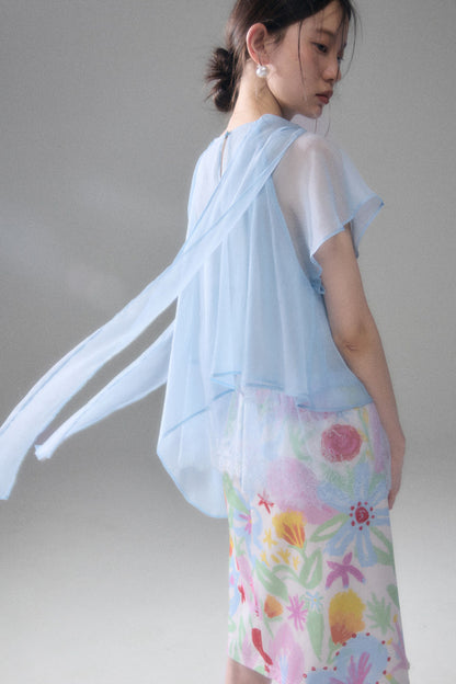 Sheer Blue Lace Ribbon Short Sleeve Top