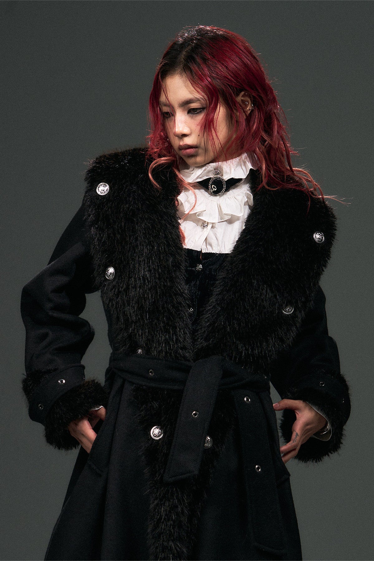 Large Fur Collar Loose Lace-Up Oversized Long Woolen Coat