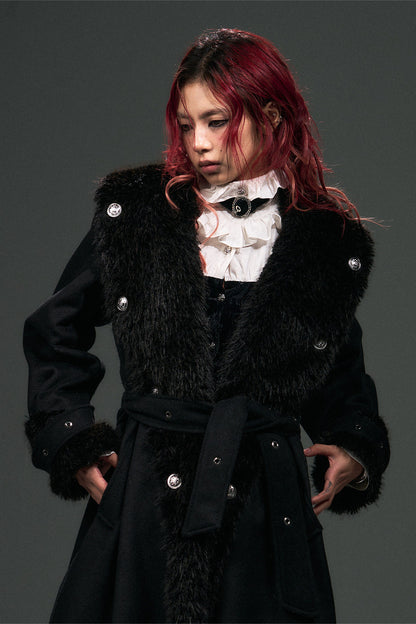 Large Fur Collar Loose Lace-Up Oversized Long Woolen Coat