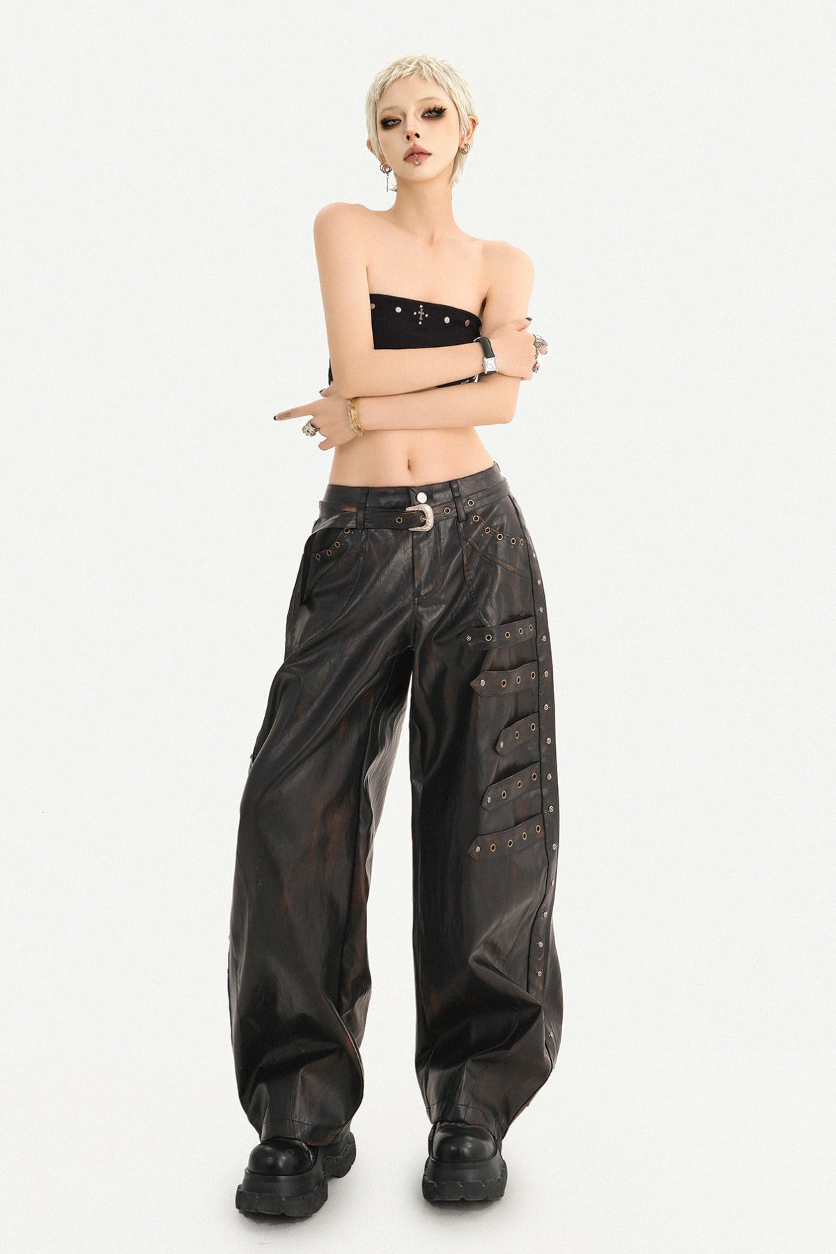 Rivet-Decorated Wide-Leg Leather Pants