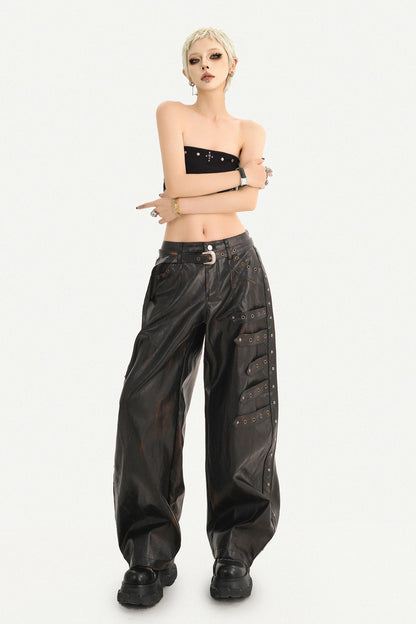 Rivet-Decorated Wide-Leg Leather Pants