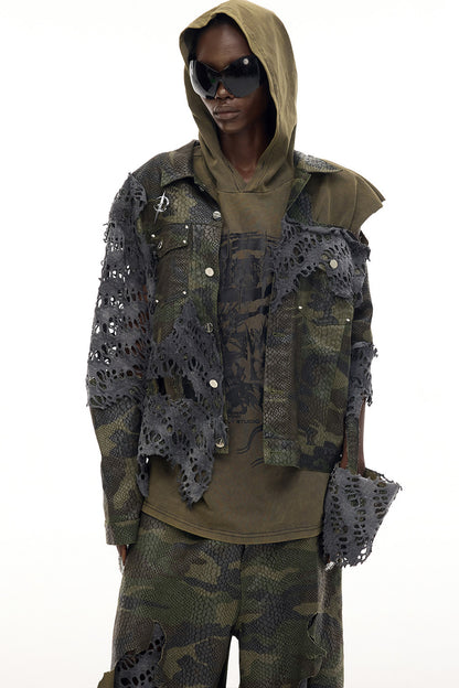 Distressed Camouflage Denim Jacket