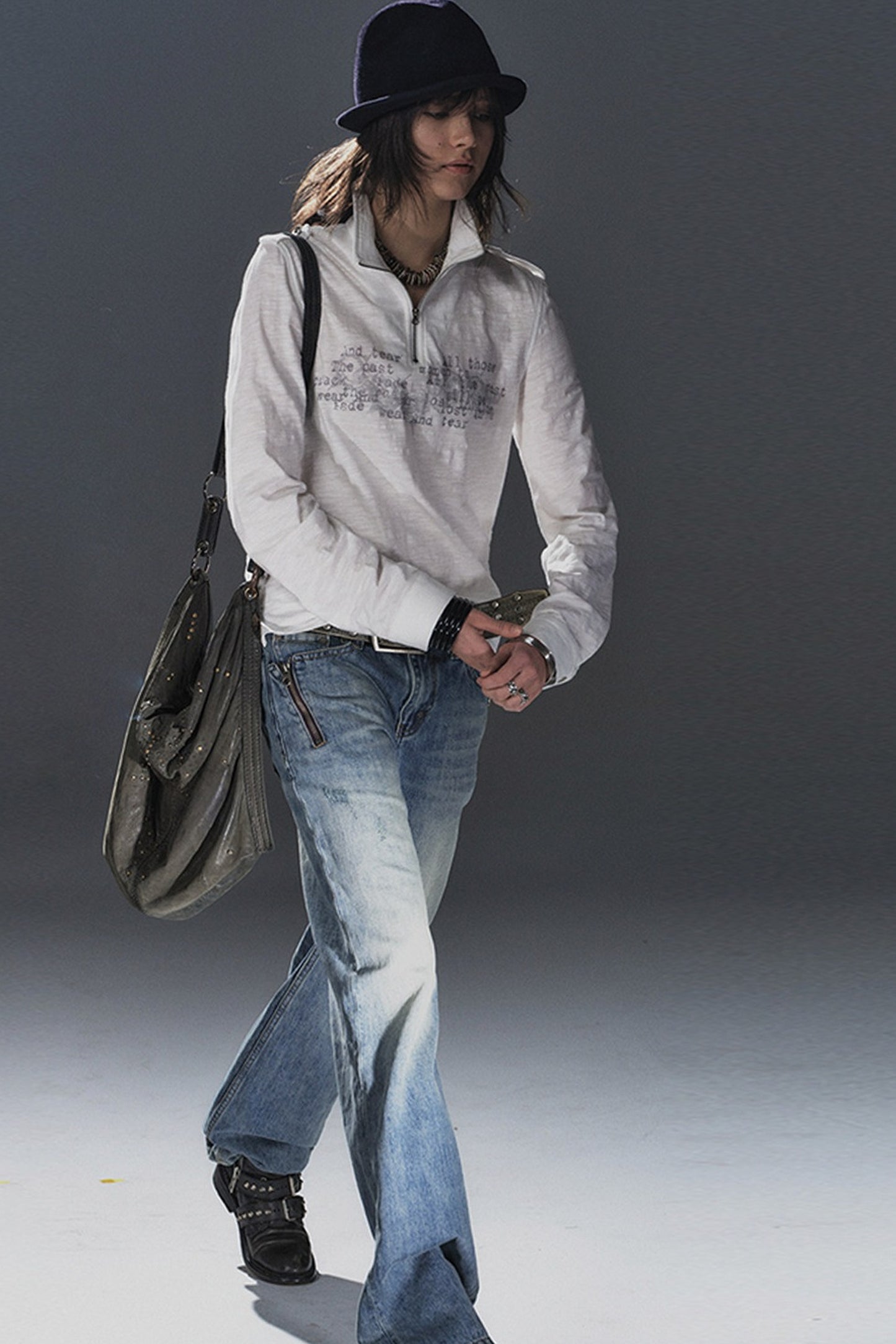 Stand Collar Metal Zipper Printed T-Shirt