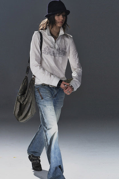 Stand Collar Metal Zipper Printed T-Shirt