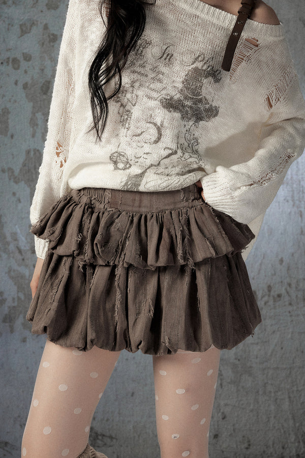 Brown Bud Waist Pleated Skirt