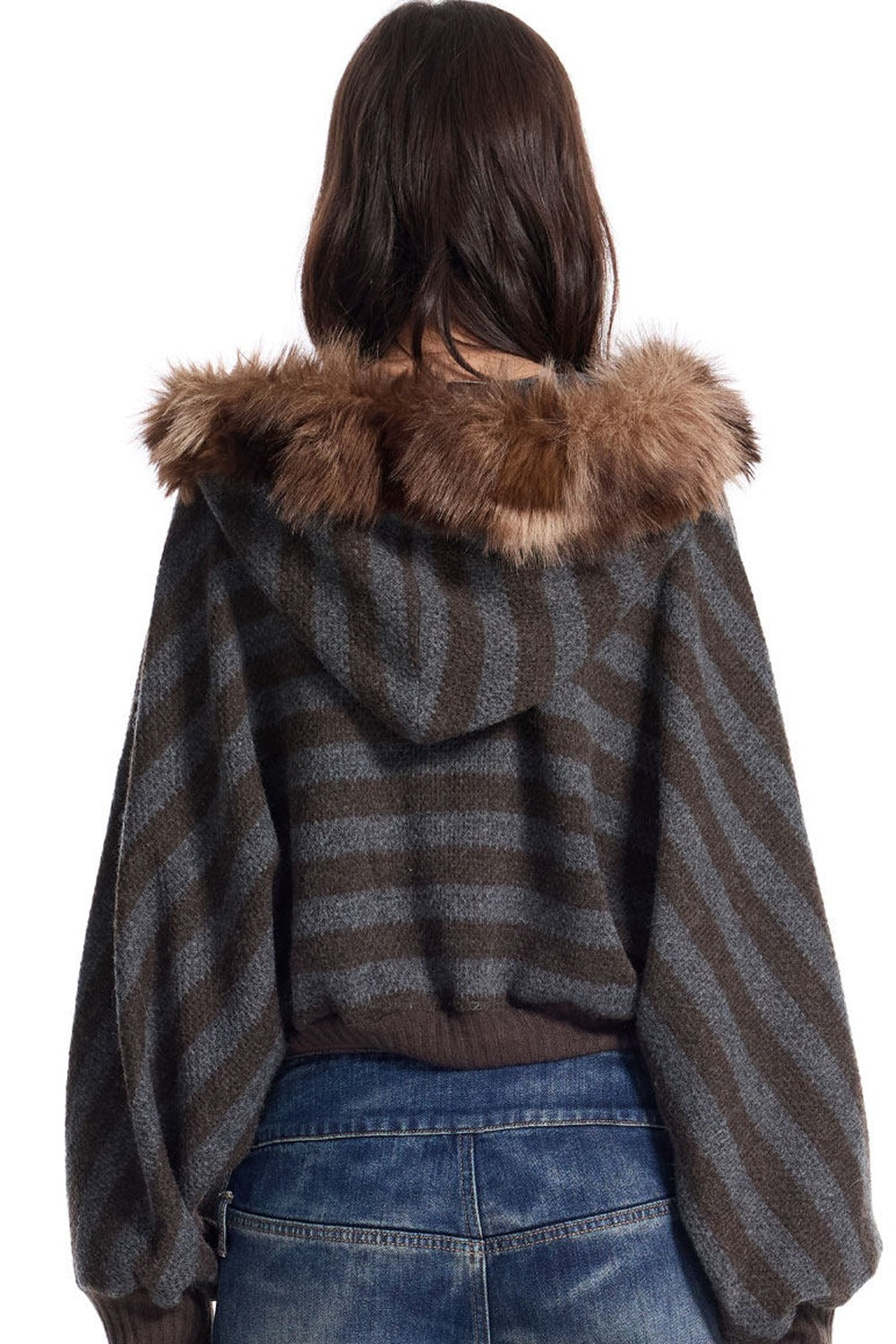Pull en maille rayé à col en fausse fourrure